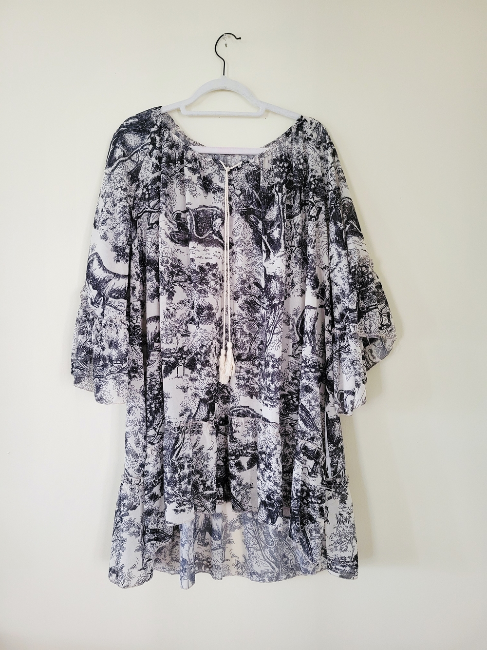 Black & White Toile Printed Peasant Tunic Dress with Tassel Tie